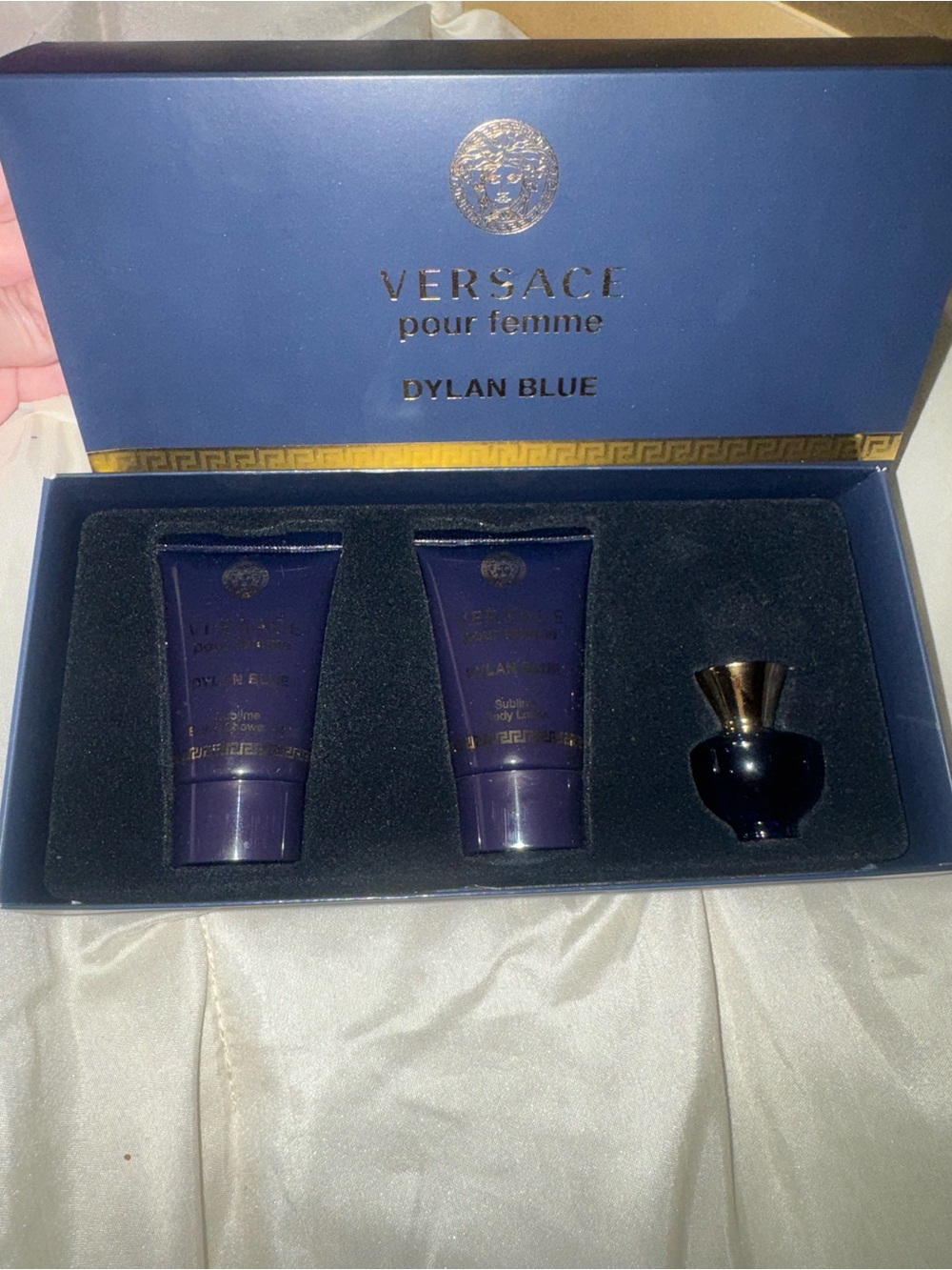 Versace Dylan Blue Pour Femme Bath & Body Set - Deep Blue & Gold Accents